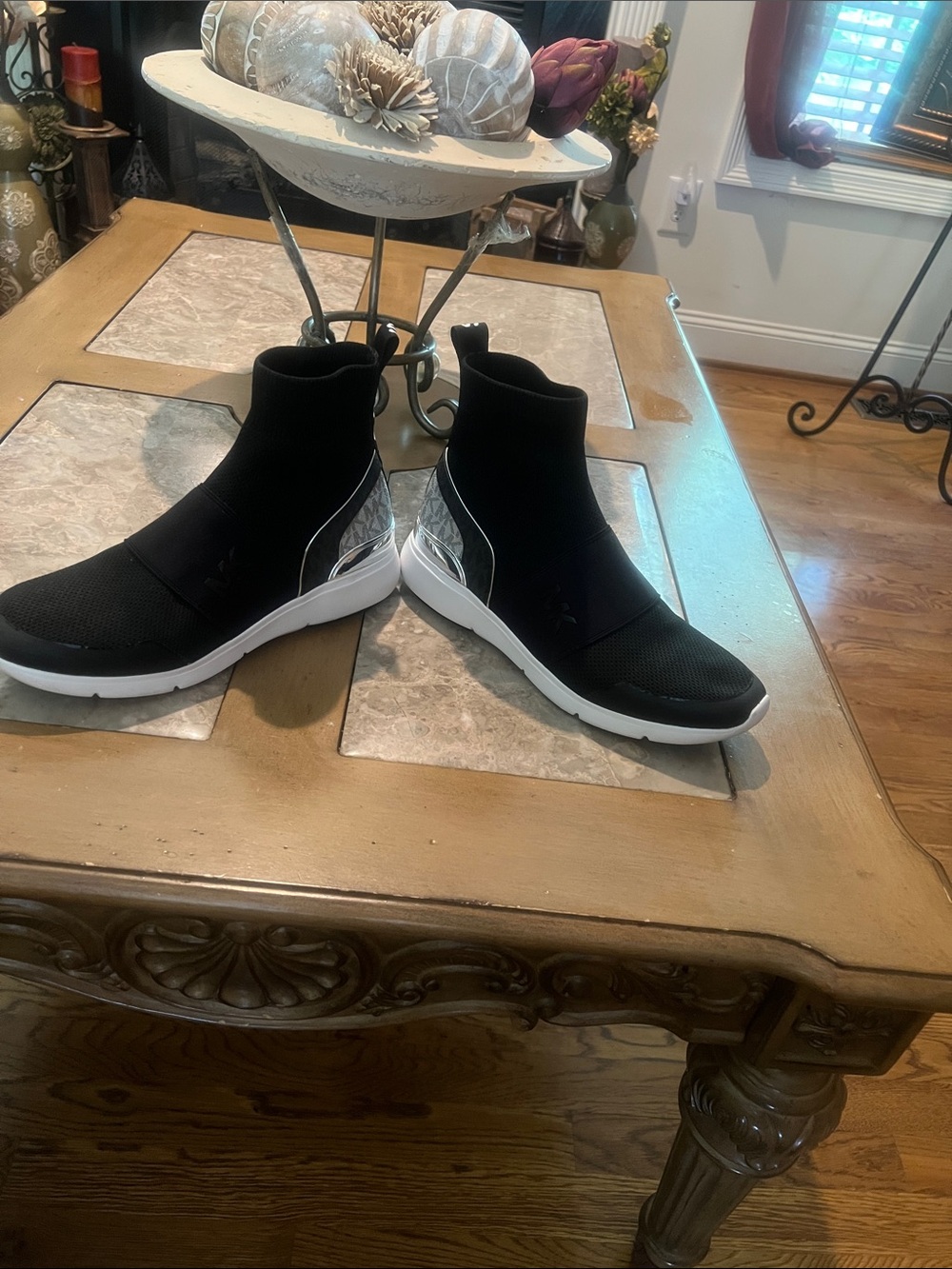 Black Slip-On Knit Sock Sneakers with Silver Accent